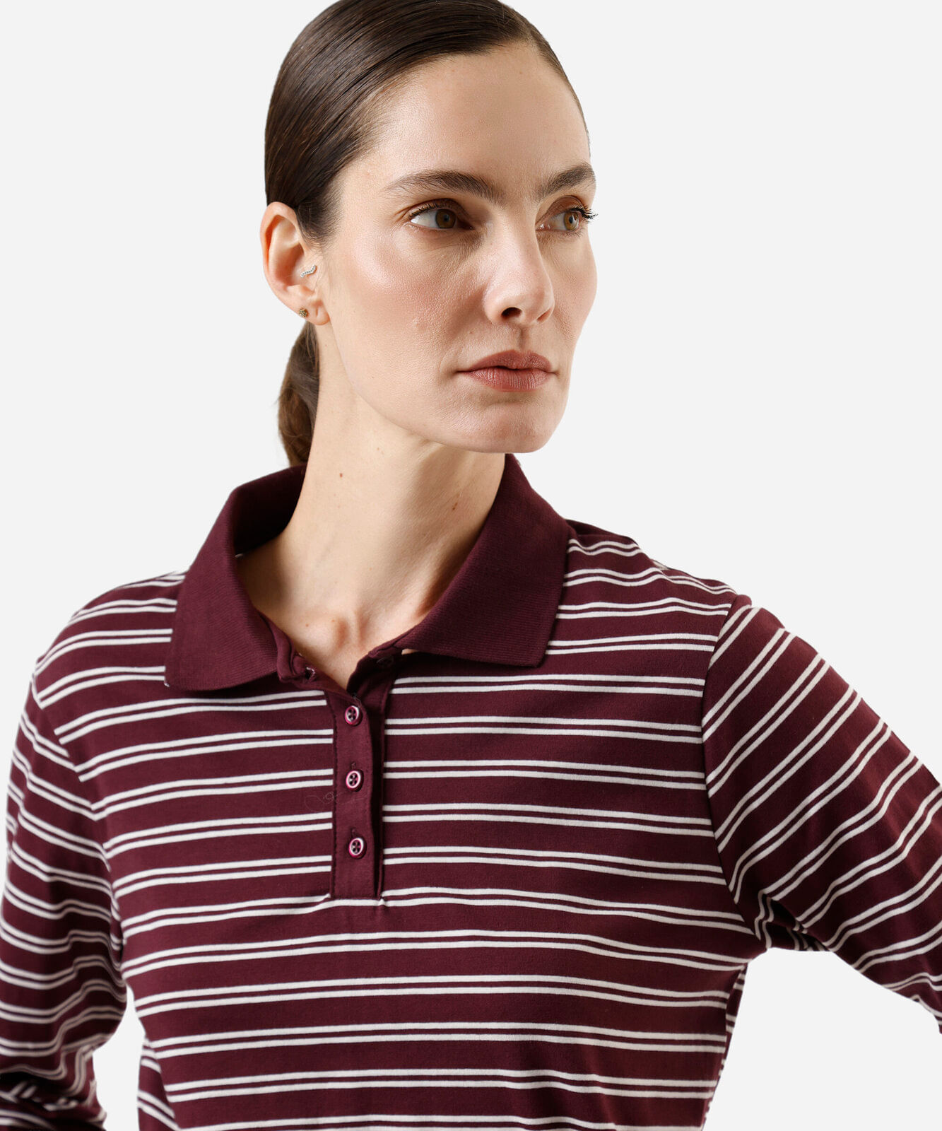 polo feminina com algodão manga longa listrada vinho