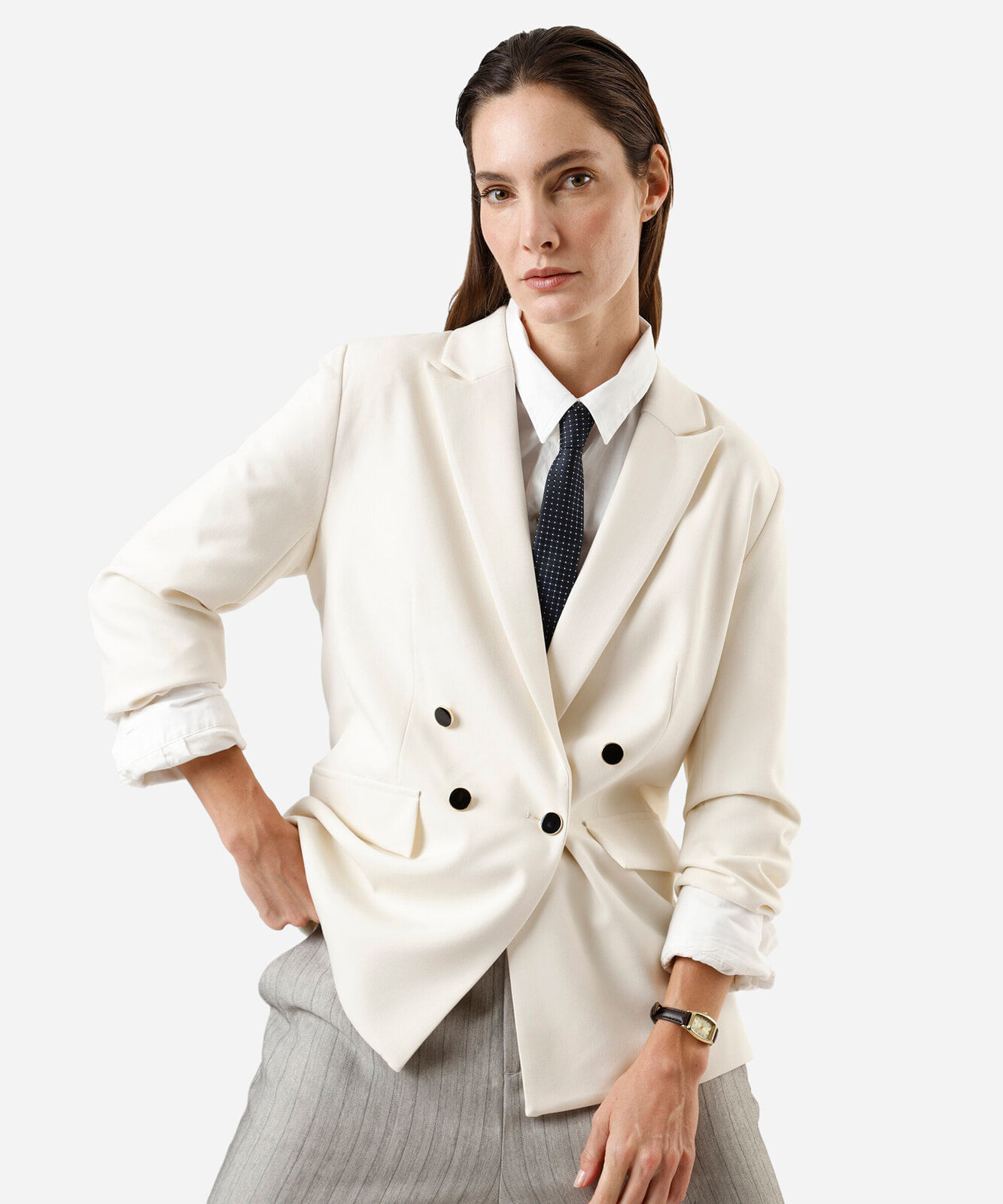 blazer de alfaiataria feminino botões dourados bege