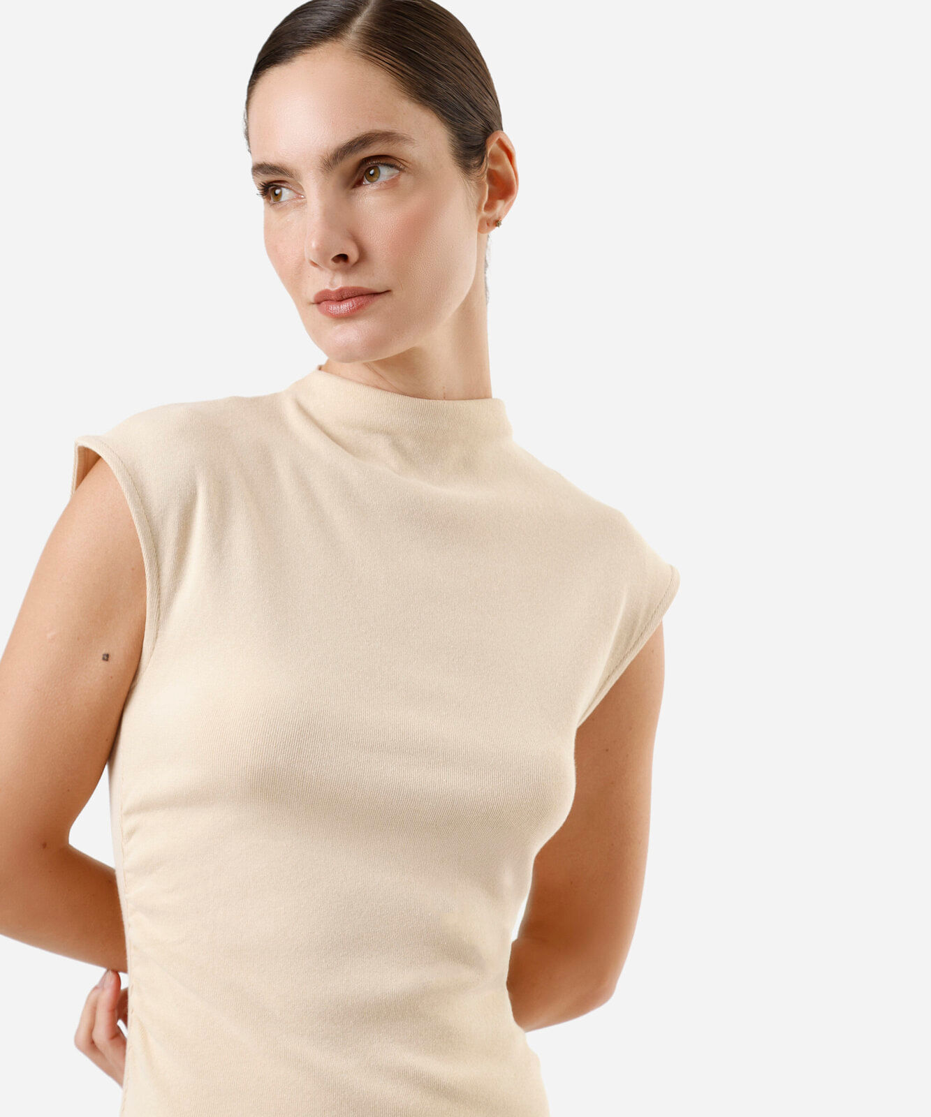 vestido midi feminino de algodão manga curta bege