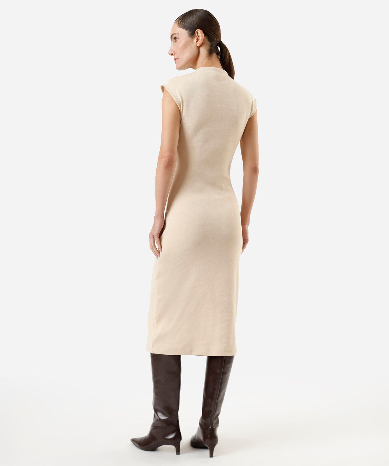 vestido midi feminino de algodão manga curta bege