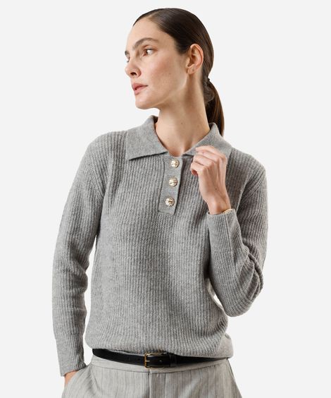polo feminina de tricot manga longa cinza