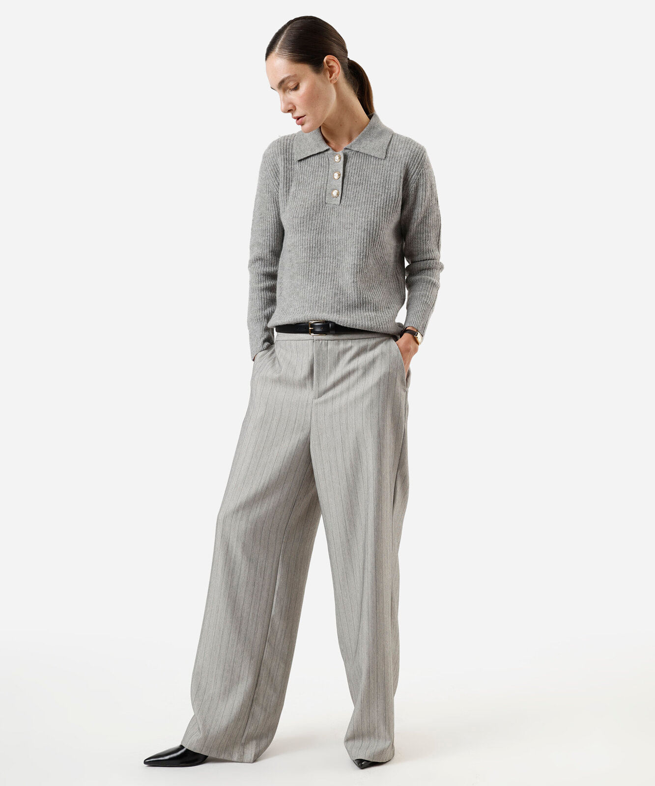 polo feminina de tricot manga longa cinza