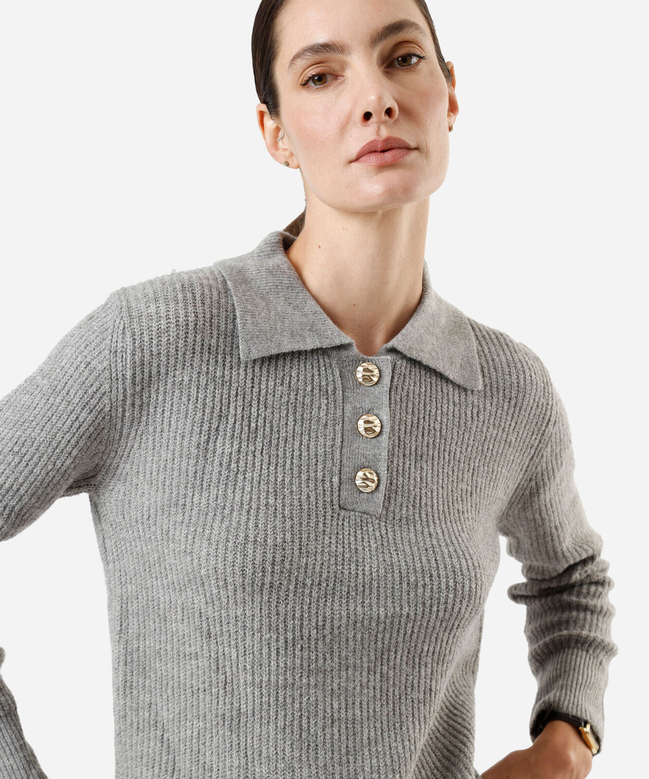 polo feminina de tricot manga longa cinza