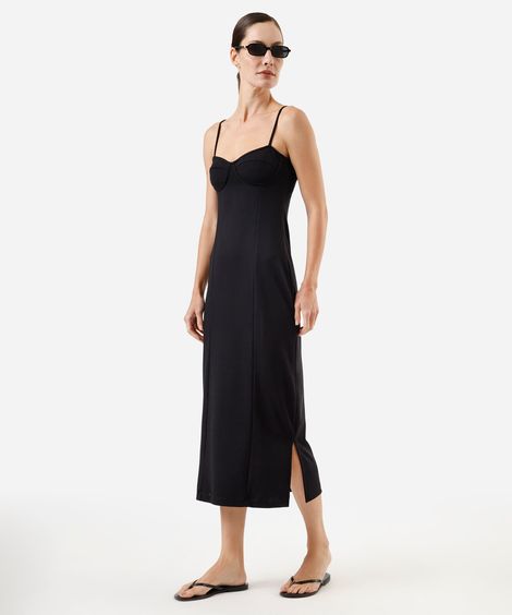 vestido midi feminino decote coração com fenda preto