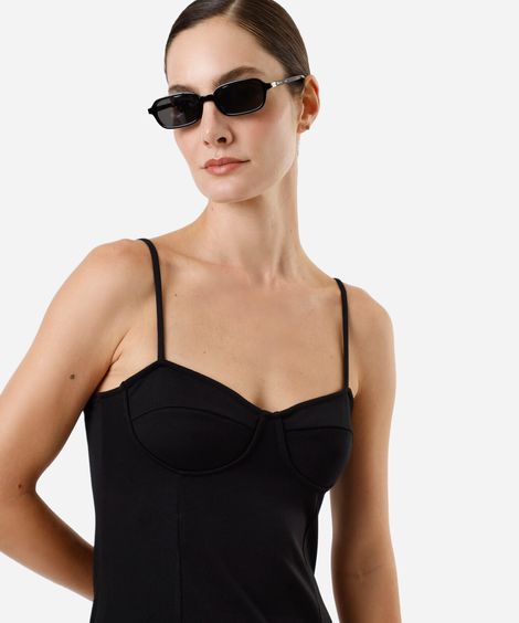 vestido midi feminino decote coração com fenda preto