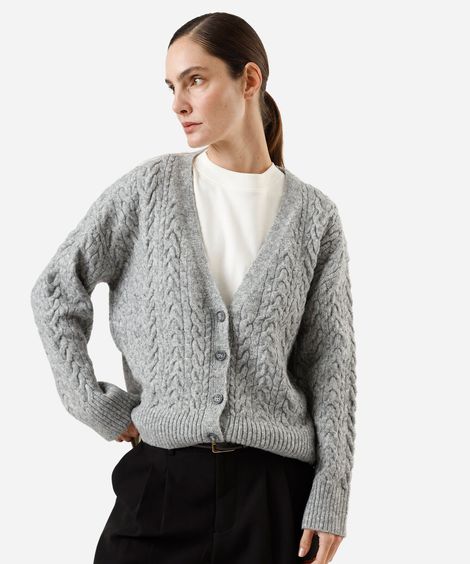 cardigan feminino de tricot com lã texturizado cinza