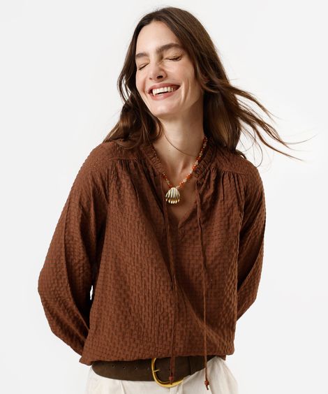 bata feminina manga longa xadrez com babado marrom