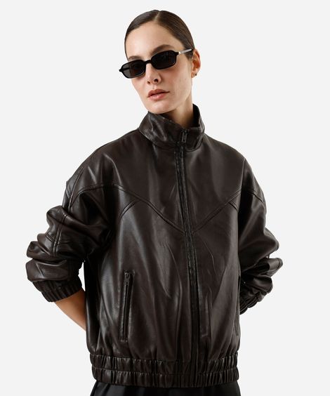 jaqueta bomber feminina de poliuretano com recorte gola alta marrom