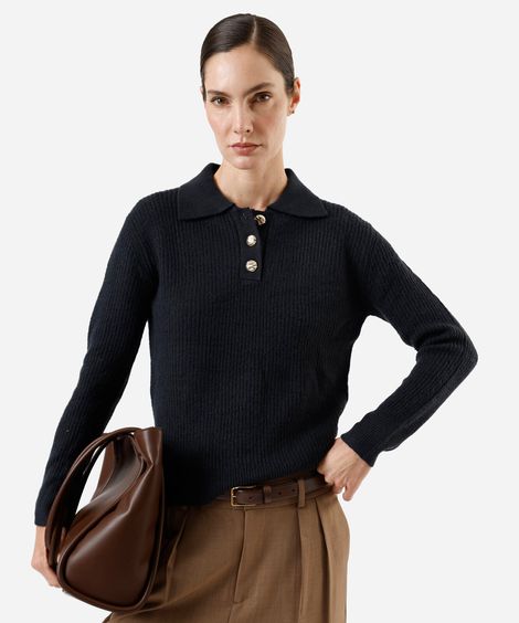 polo feminina de tricot manga longa azul