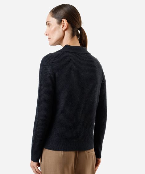 polo feminina de tricot manga longa azul