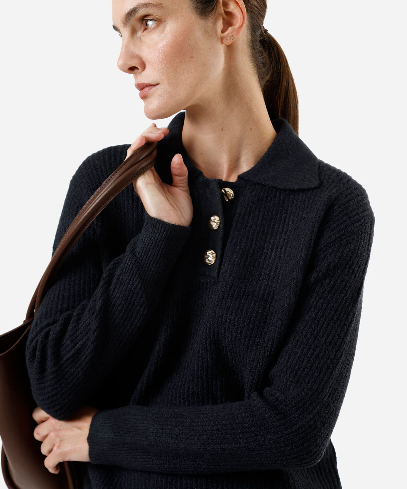 polo feminina de tricot manga longa azul