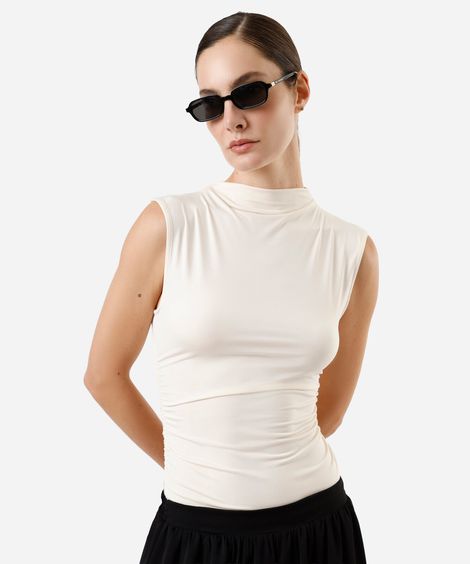 blusa feminina gola alta franzida off white