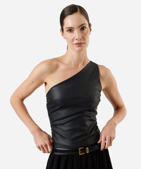 blusa ombro único feminina de pu franzida preta