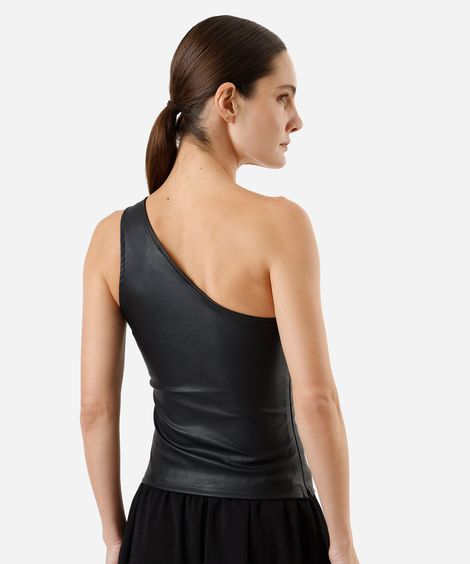 blusa ombro único feminina de pu franzida preta