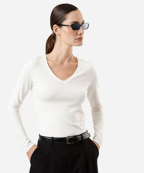 blusa feminina de algodão decote v manga longa off white