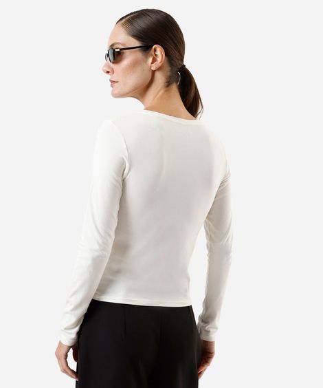 blusa feminina de algodão decote v manga longa off white