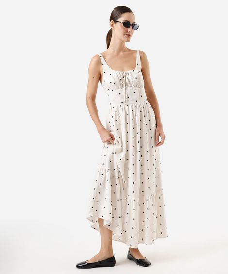 vestido midi feminino de viscose com recorte poá off white