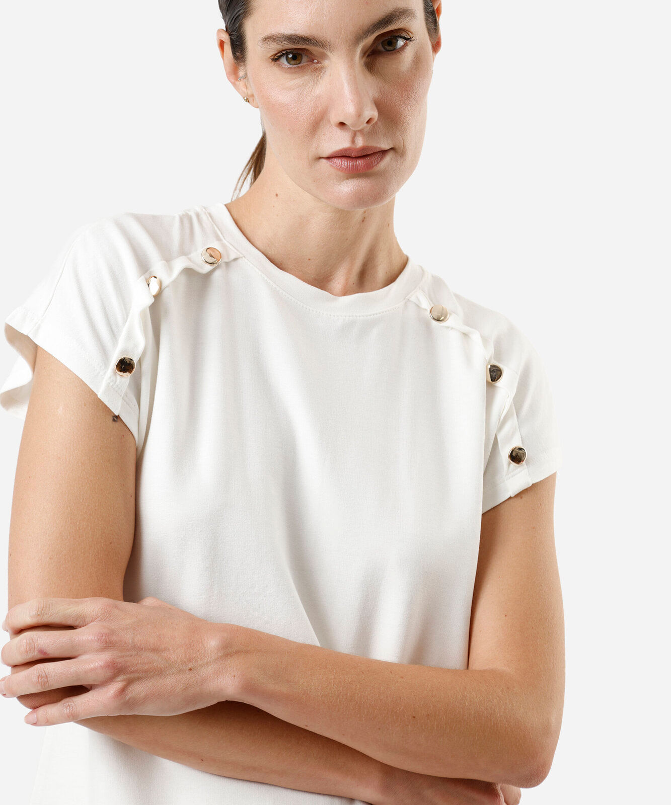 blusa feminina de viscose com recortes e botões off white