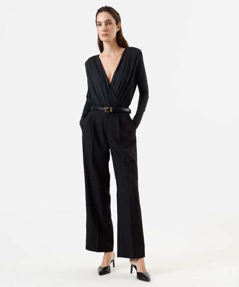 calça reta de alfaiataria feminina cintura alta preta