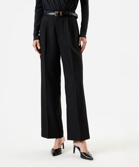 calça reta de alfaiataria feminina cintura alta preta