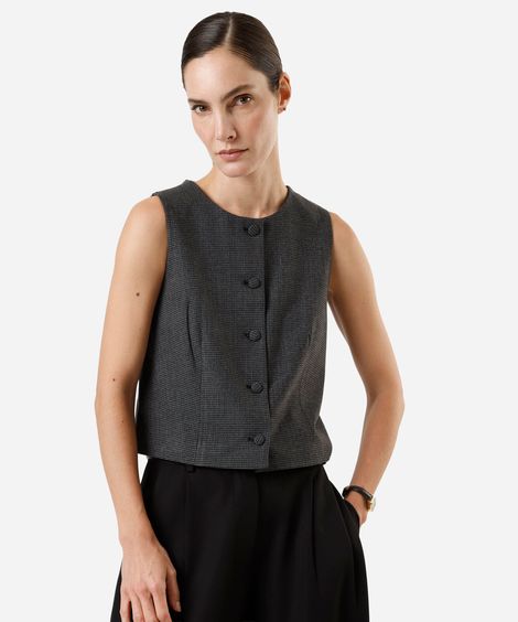 colete de alfaiataria feminino decote redondo xadrez cinza