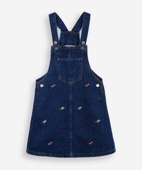 salopete infantil jeans com bordados florais azul