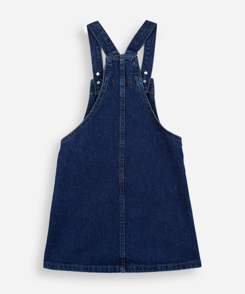 salopete infantil jeans com bordados florais azul