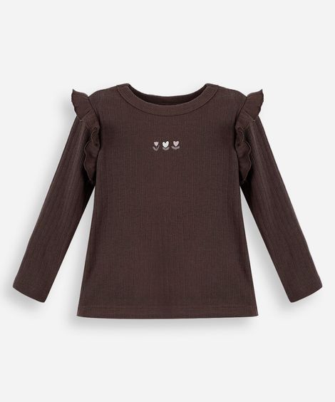 blusa infantil manga longa canelada com babado marrom