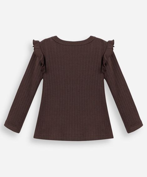 blusa infantil manga longa canelada com babado marrom