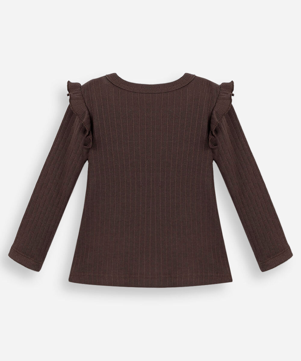 blusa infantil manga longa canelada com babado marrom