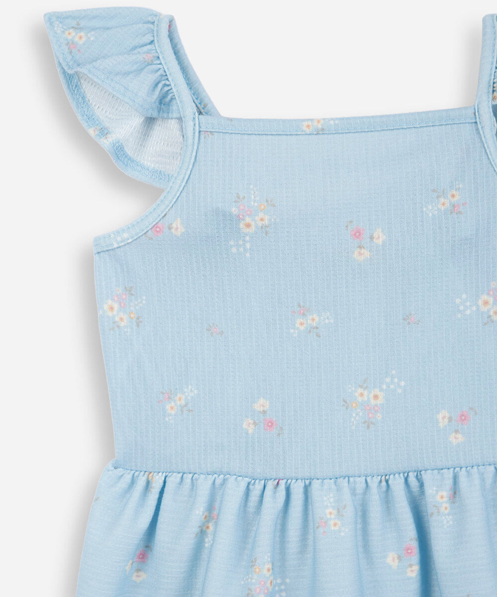vestido infantil de algodão com babado floral azul