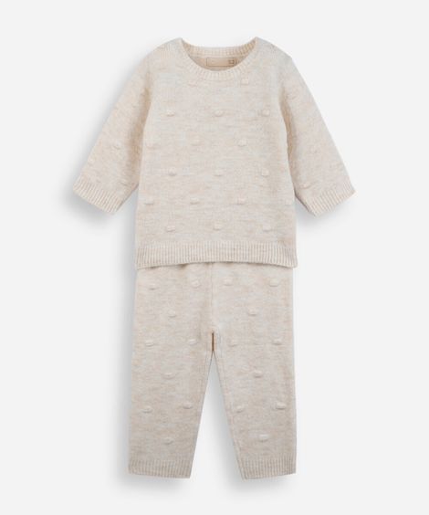conjunto infantil tricot bolinhas bege