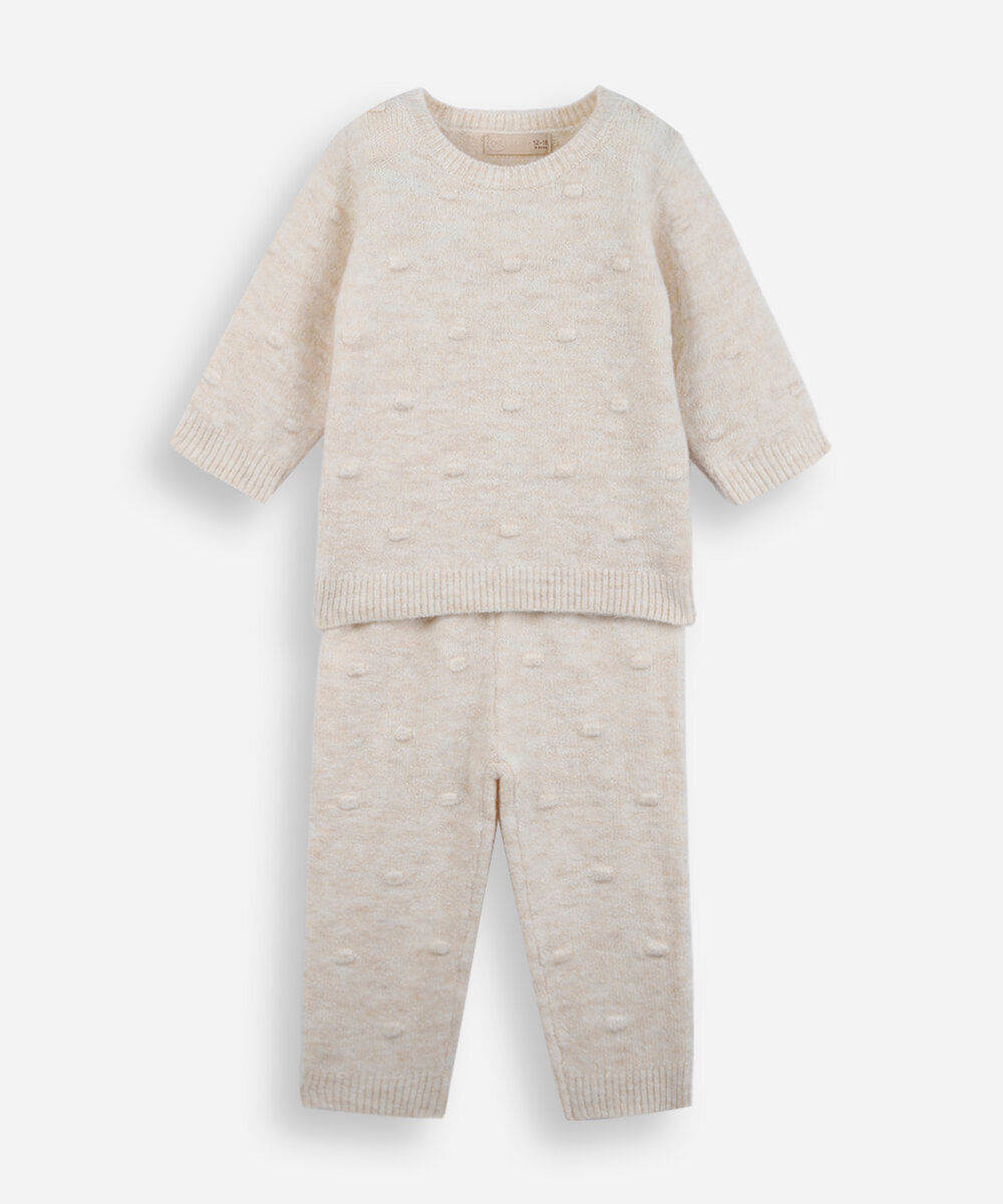 conjunto infantil tricot bolinhas bege