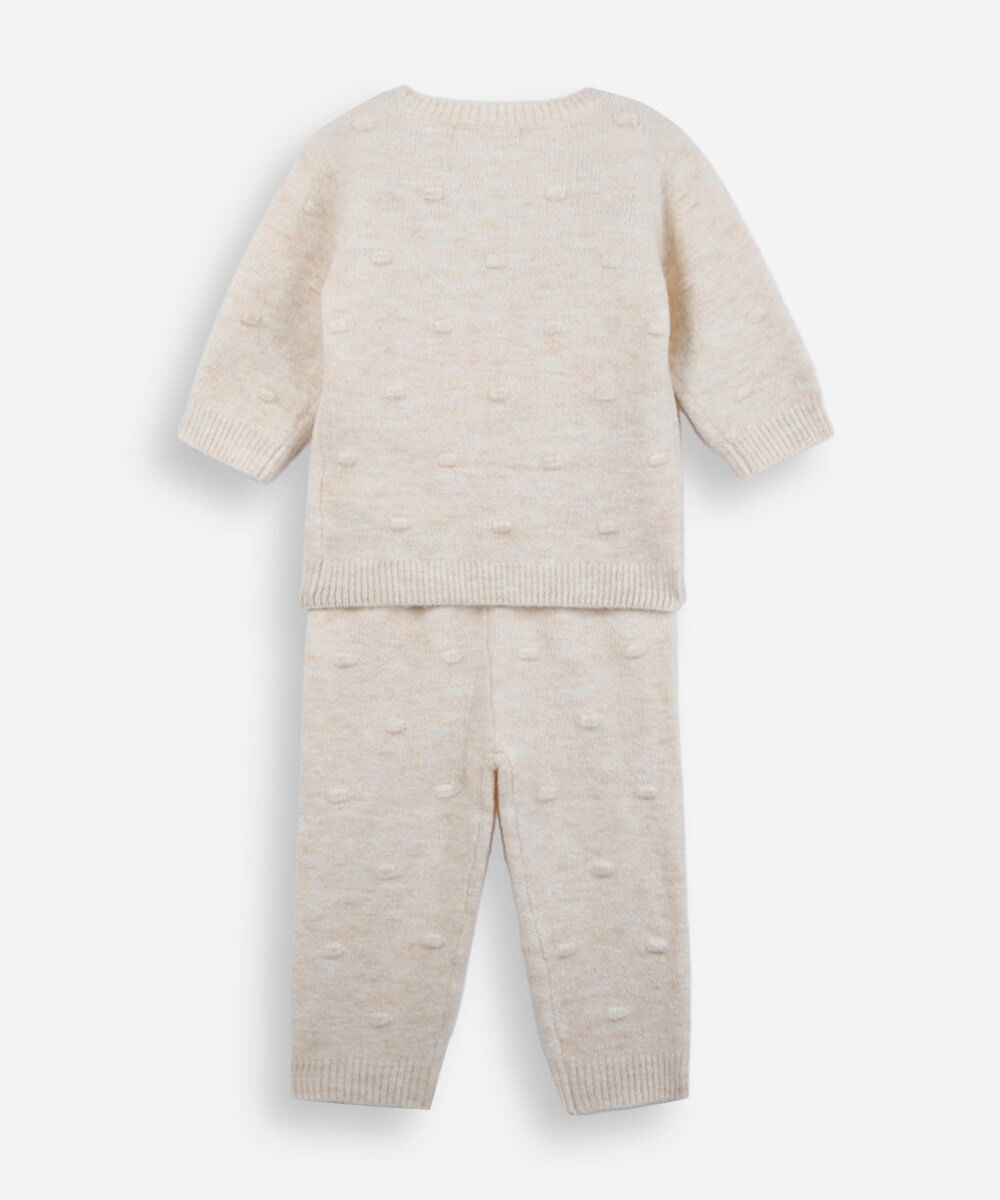 conjunto infantil tricot bolinhas bege