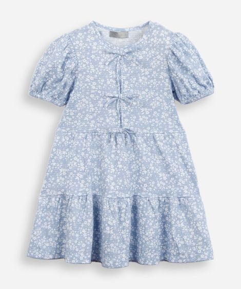 vestido infantil manga curta texturizado laços azul