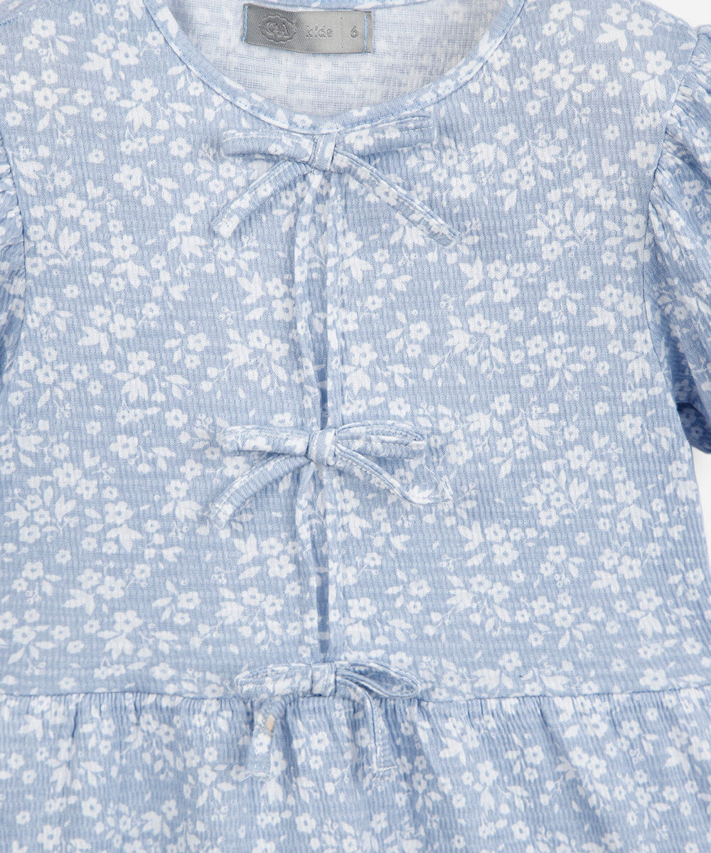 vestido infantil manga curta texturizado laços azul