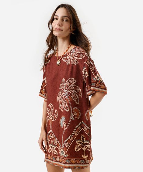 vestido curto feminino de viscose manga curta folhagens marrom