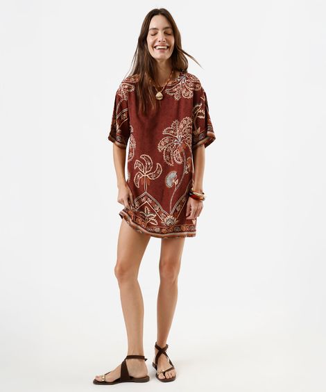 vestido curto feminino de viscose manga curta folhagens marrom