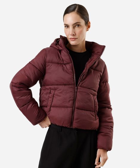 jaqueta puffer feminina de poliamida com capuz vinho