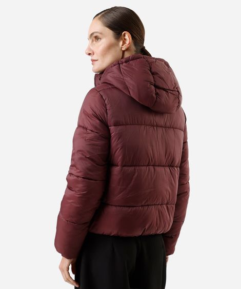 jaqueta puffer feminina de poliamida com capuz vinho