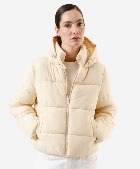 jaqueta puffer feminina de poliamida com capuz amarela