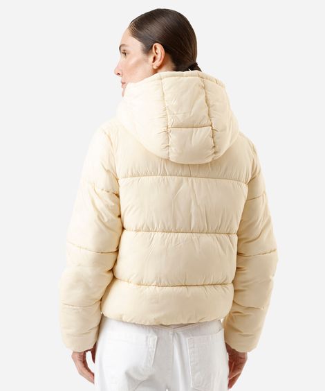 jaqueta puffer feminina de poliamida com capuz amarela