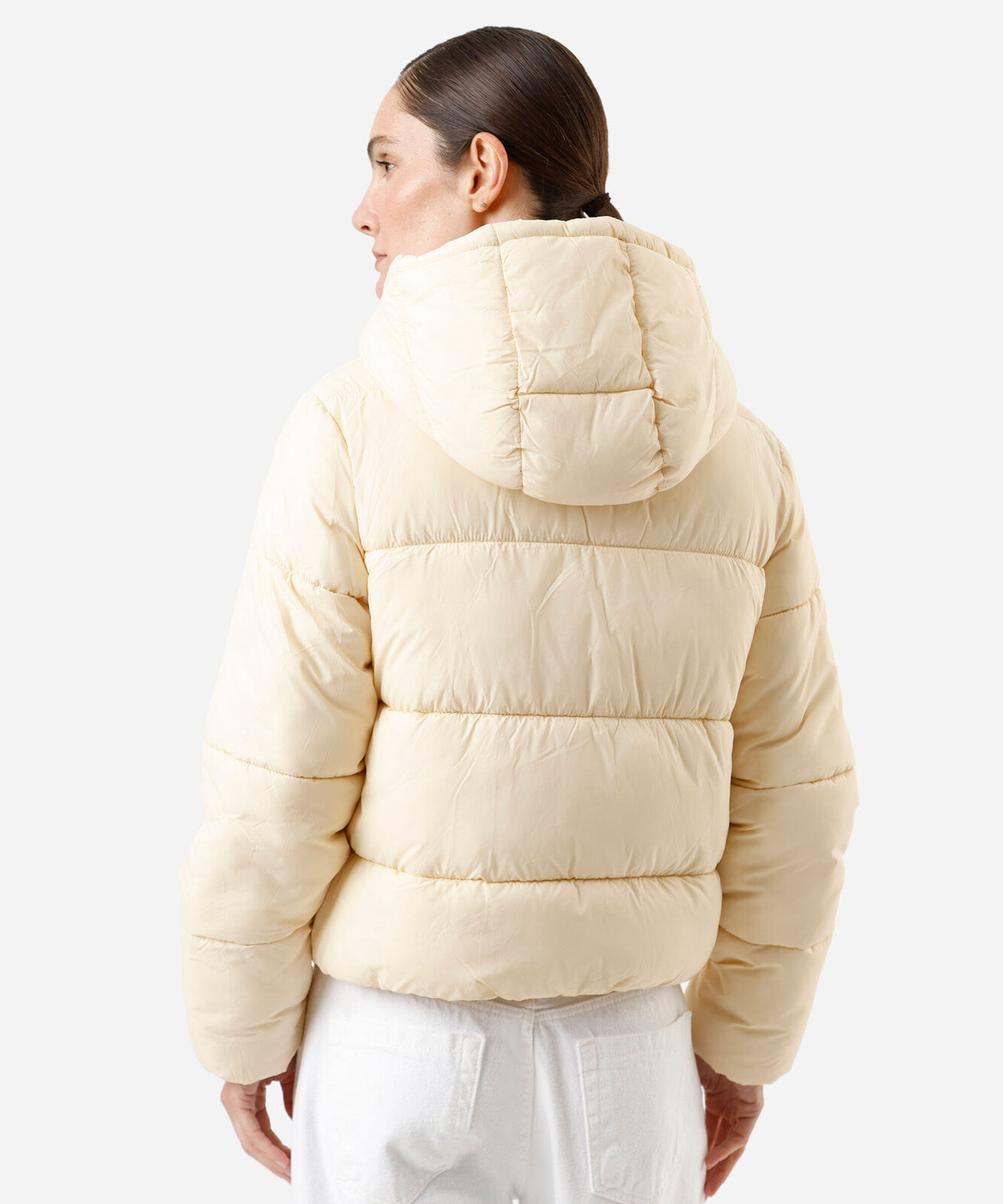 jaqueta puffer feminina de poliamida com capuz amarela
