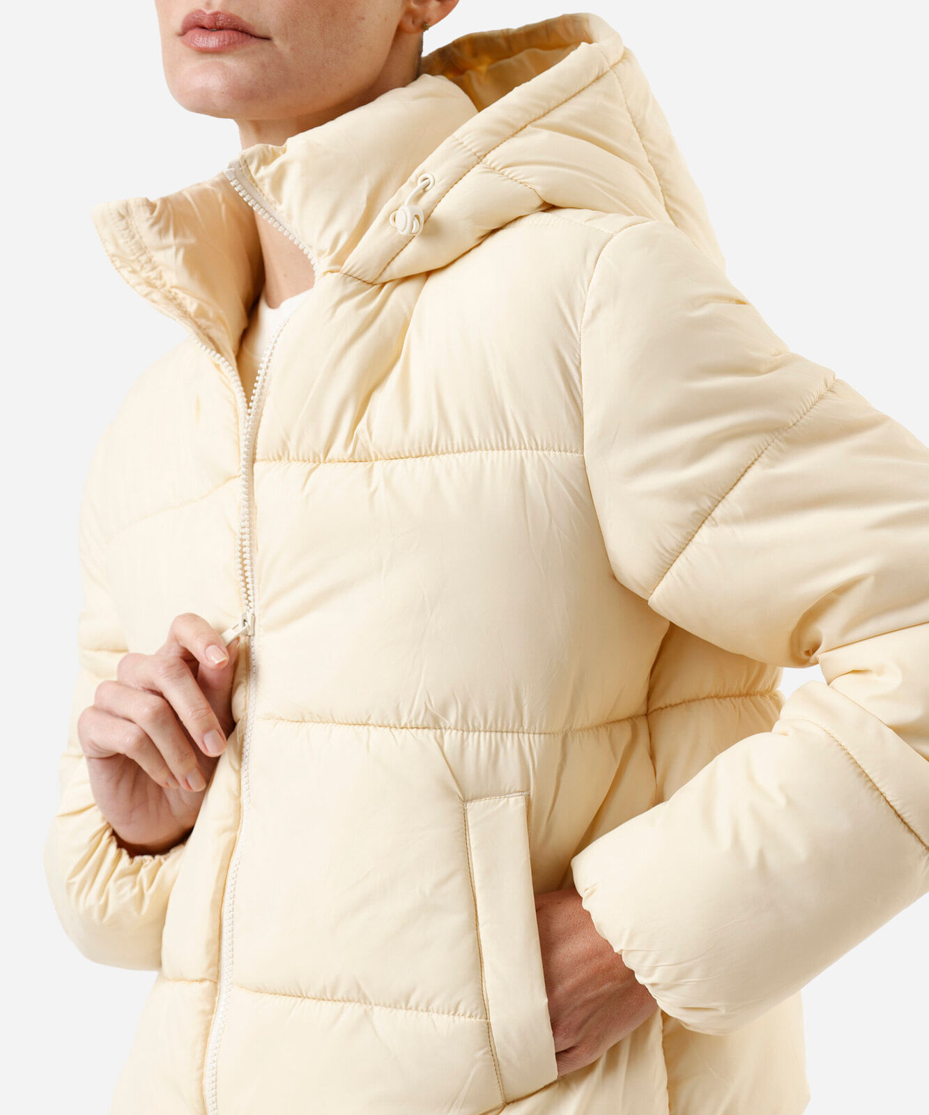 jaqueta puffer feminina de poliamida com capuz amarela