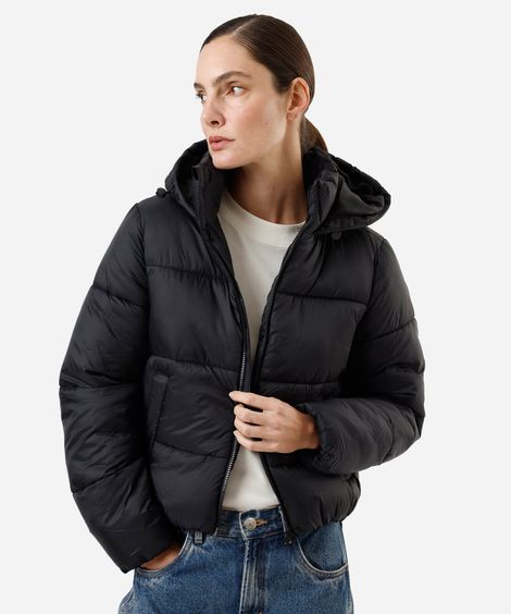 jaqueta puffer feminina de poliamida com capuz preta