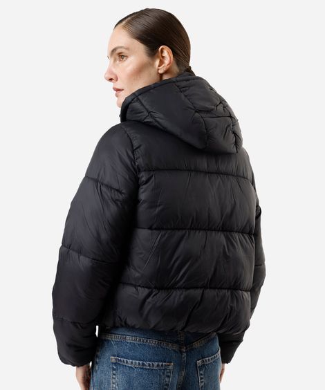 jaqueta puffer feminina de poliamida com capuz preta