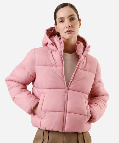 jaqueta puffer feminina de poliamida com capuz rosa