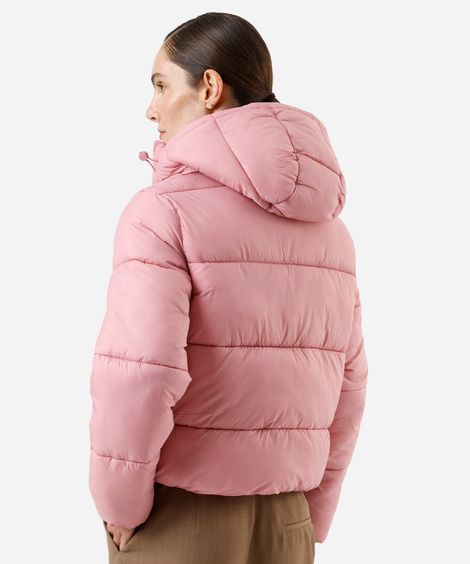 jaqueta puffer feminina de poliamida com capuz rosa