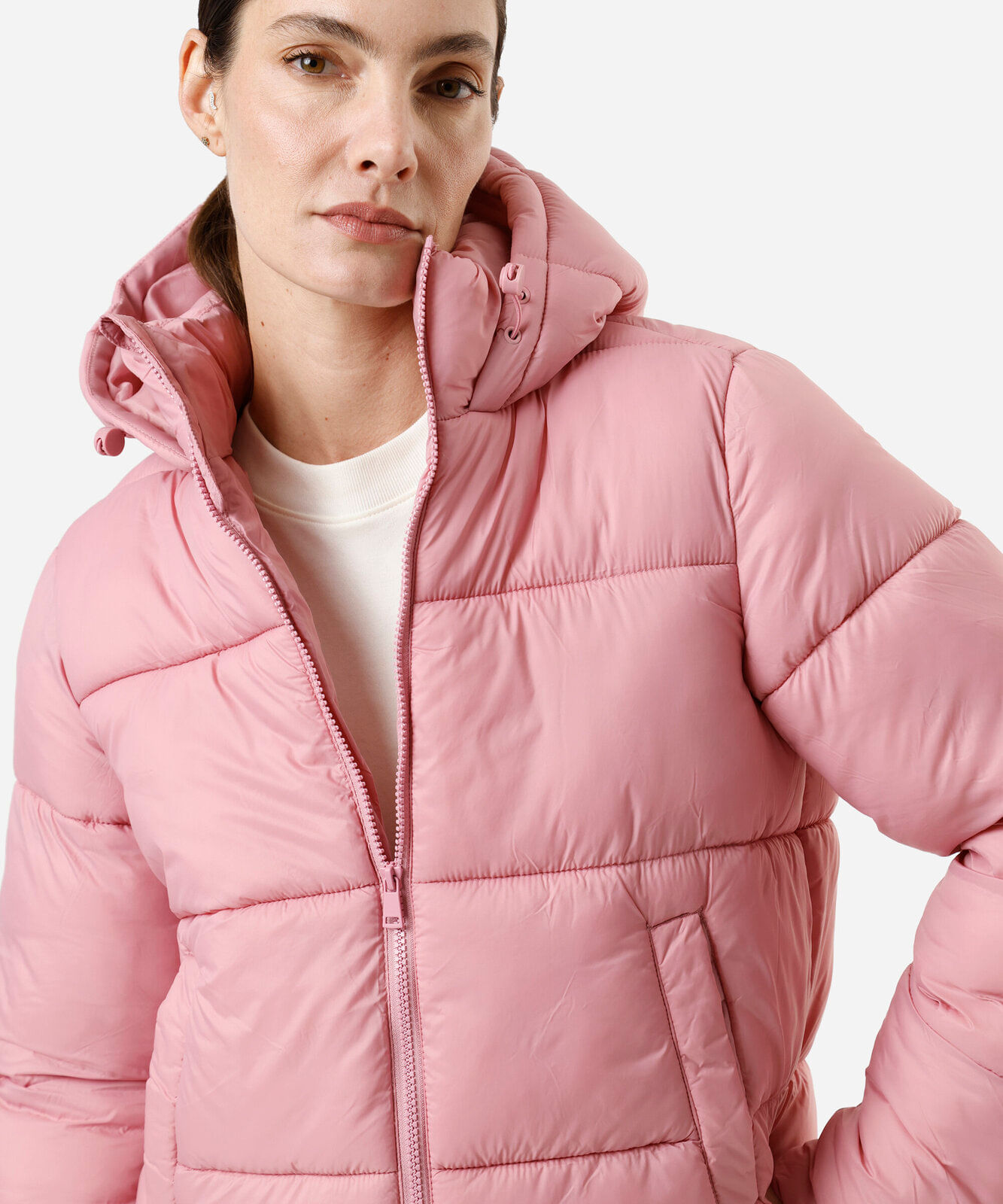 jaqueta puffer feminina de poliamida com capuz rosa