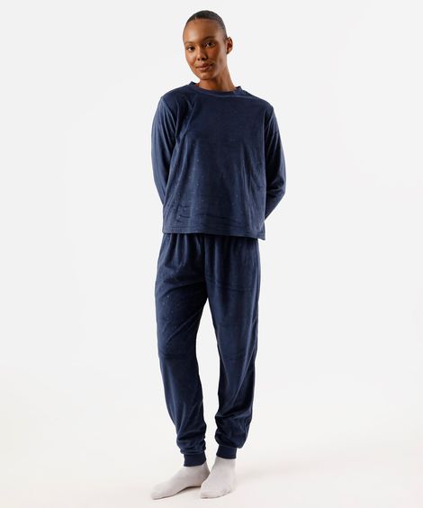 pijama longo feminino de plush estrelas azul